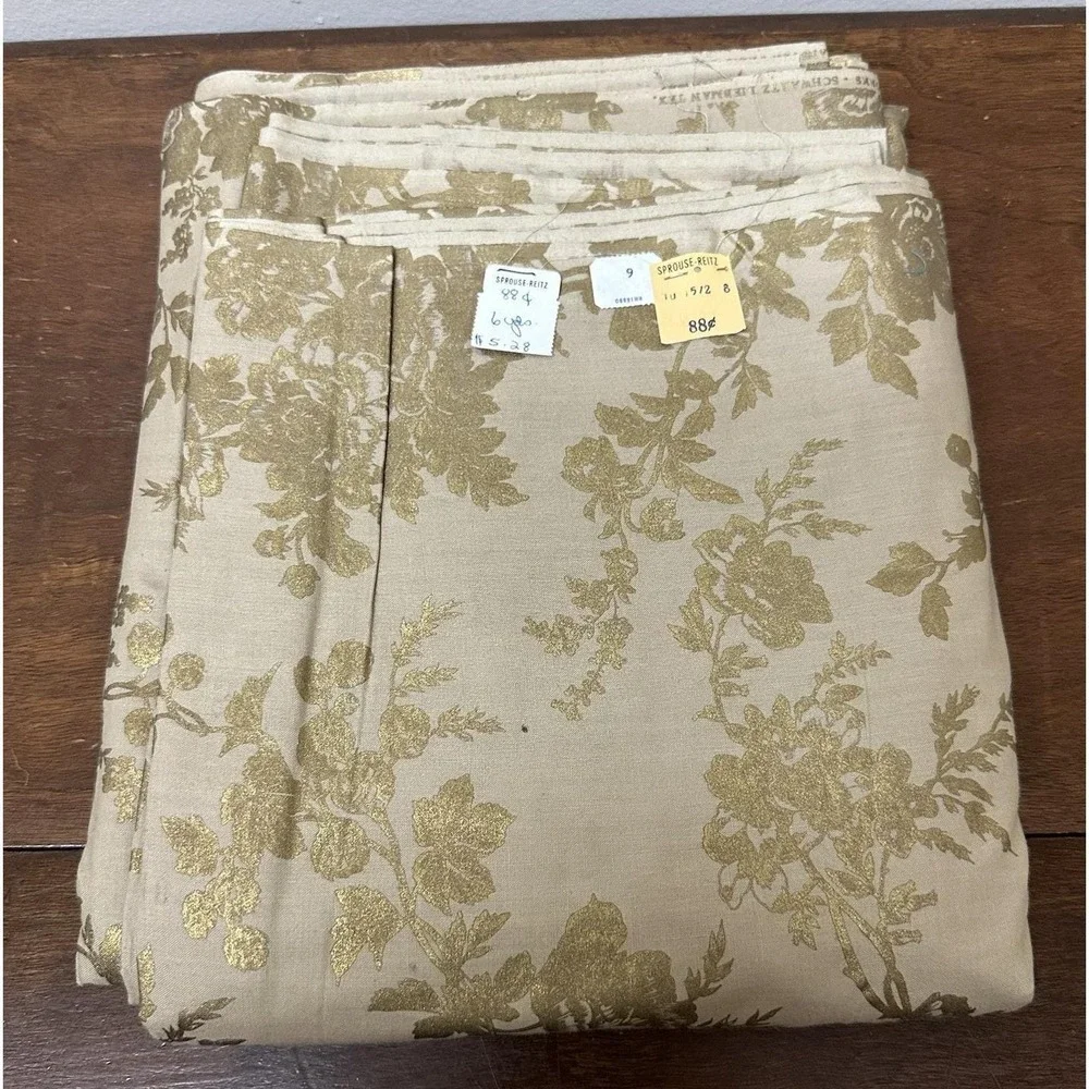 Vtg MCM Retro Gold Metallic Floral Rose Craft Upholstery Fabric 6 Yards NEW